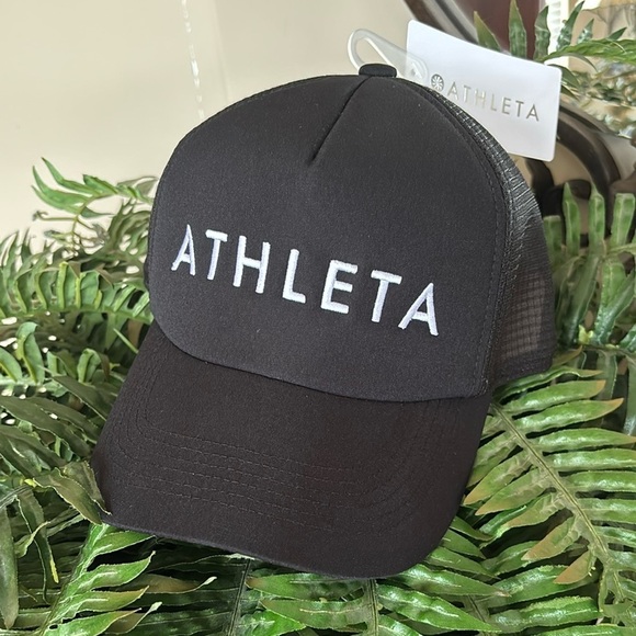 Brand New Athleta Trucker Cap Black Adjustable Hat White Embroidery Workout - Picture 1 of 16